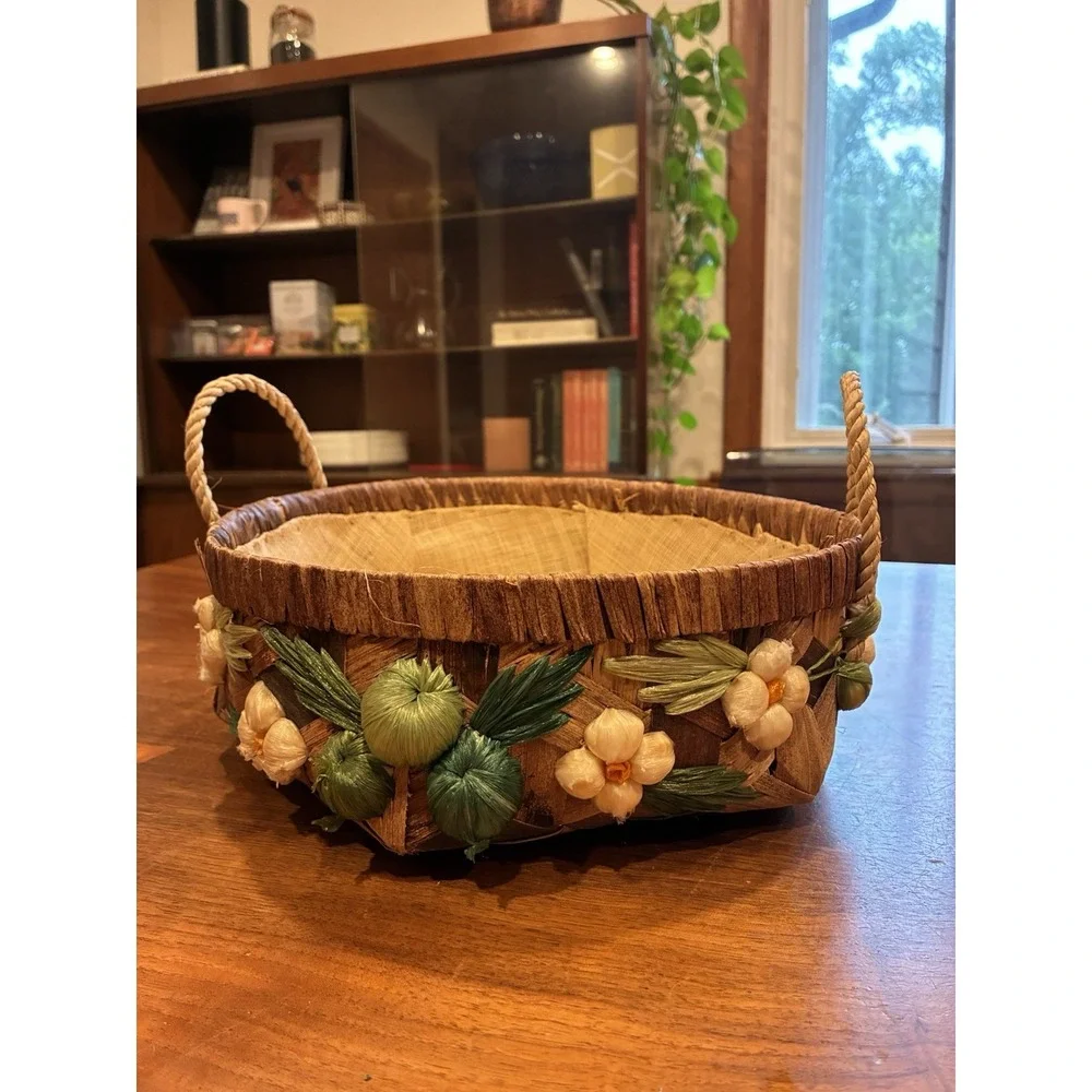 Vintage Woven Straw Raffia Embroidered Hand Made Floral Nesting Handle Basket